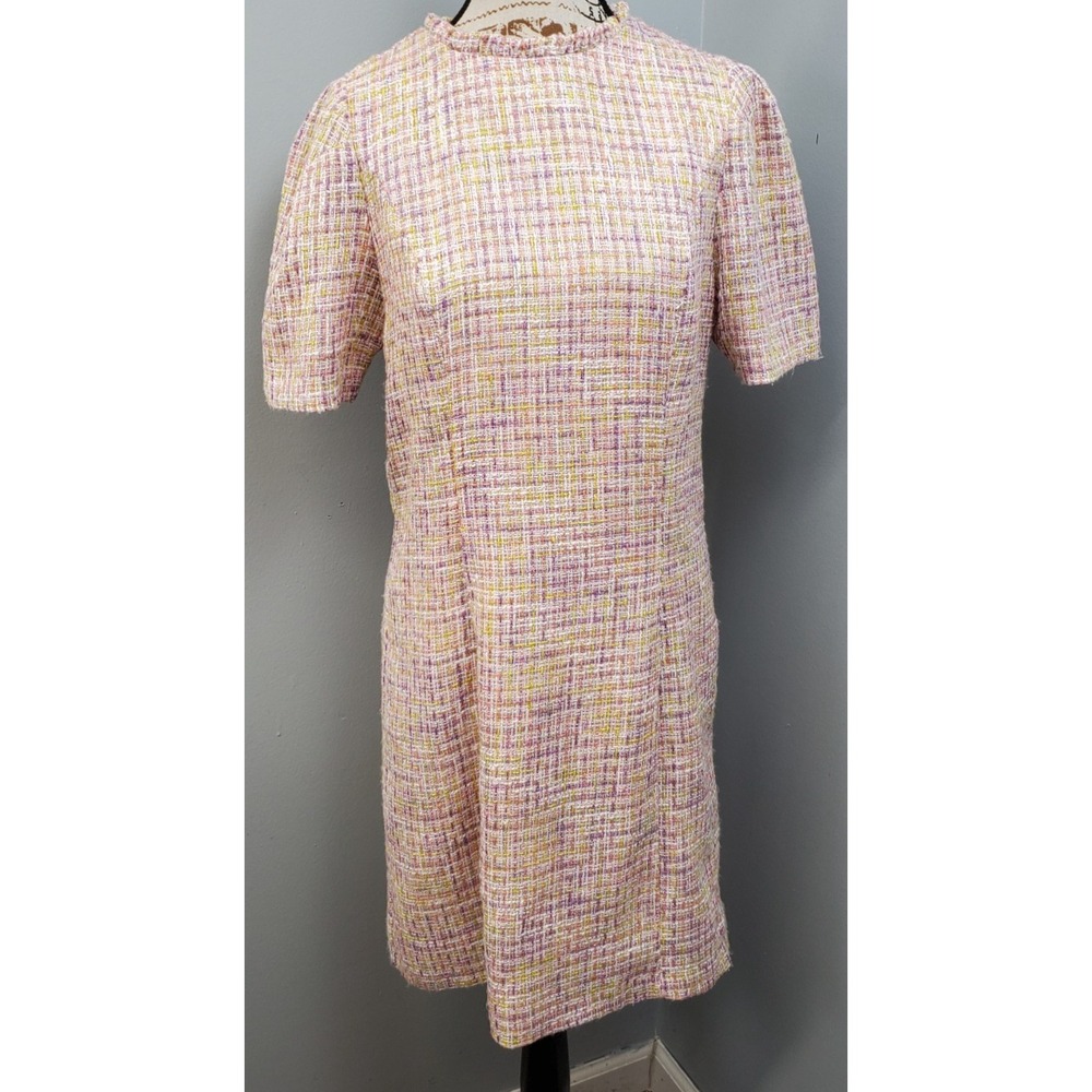 Nanette Lepore Tweed Dress Women 12 Multi Lined Short Sleeve Round Neck Back Zip